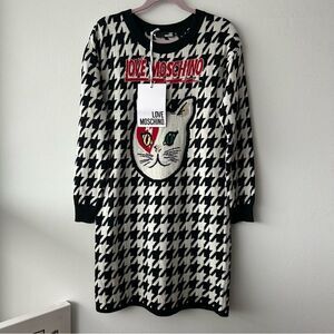 Love Moschino Black and White Cat Houndstooth Dress